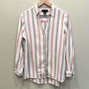Tahari Stripe Linen Blend Coastal Pink Gray Button Up Tunic Top - Size: Medium